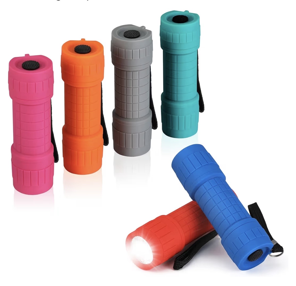 Six small LED torches in pink, orange, grey, teal, blue and red with wrist straps