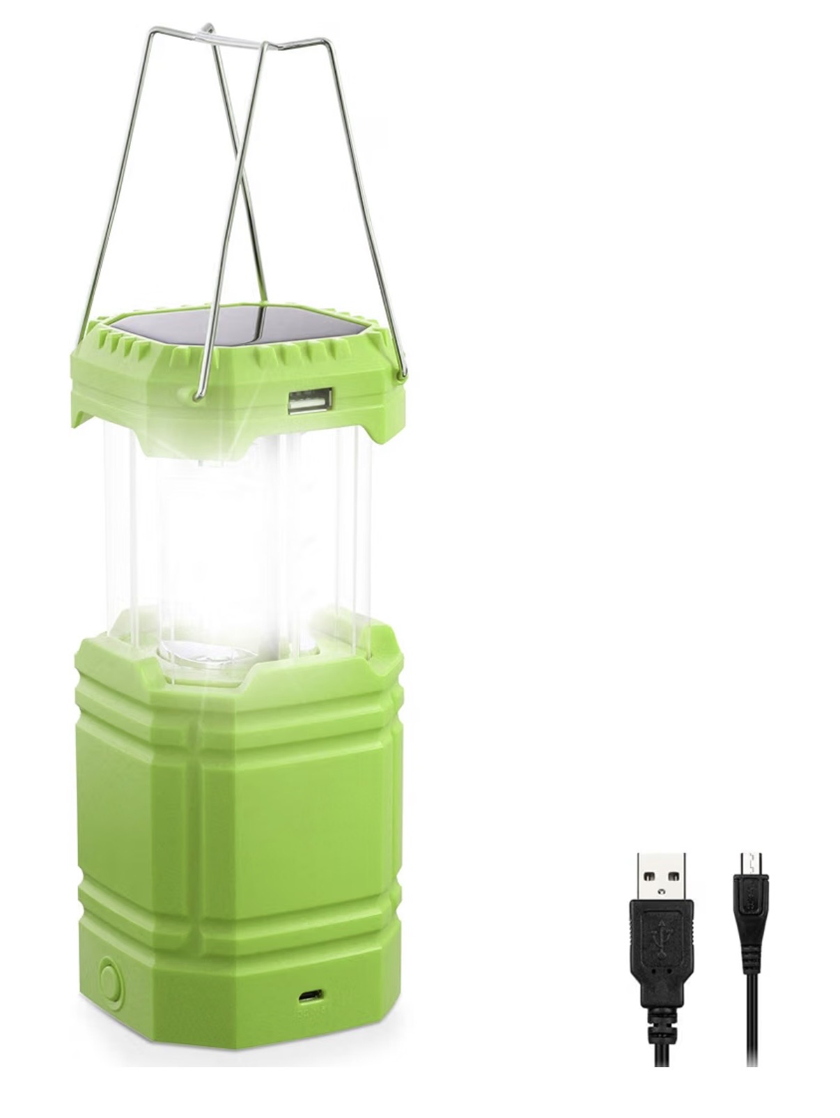 Green collapsible solar and hand crank camping lantern with a USB cable