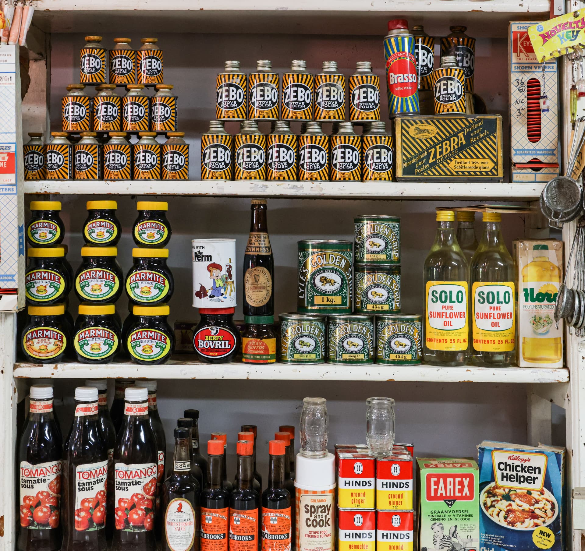 Shelves of tinned and long-life food in a traditional grocery shop
