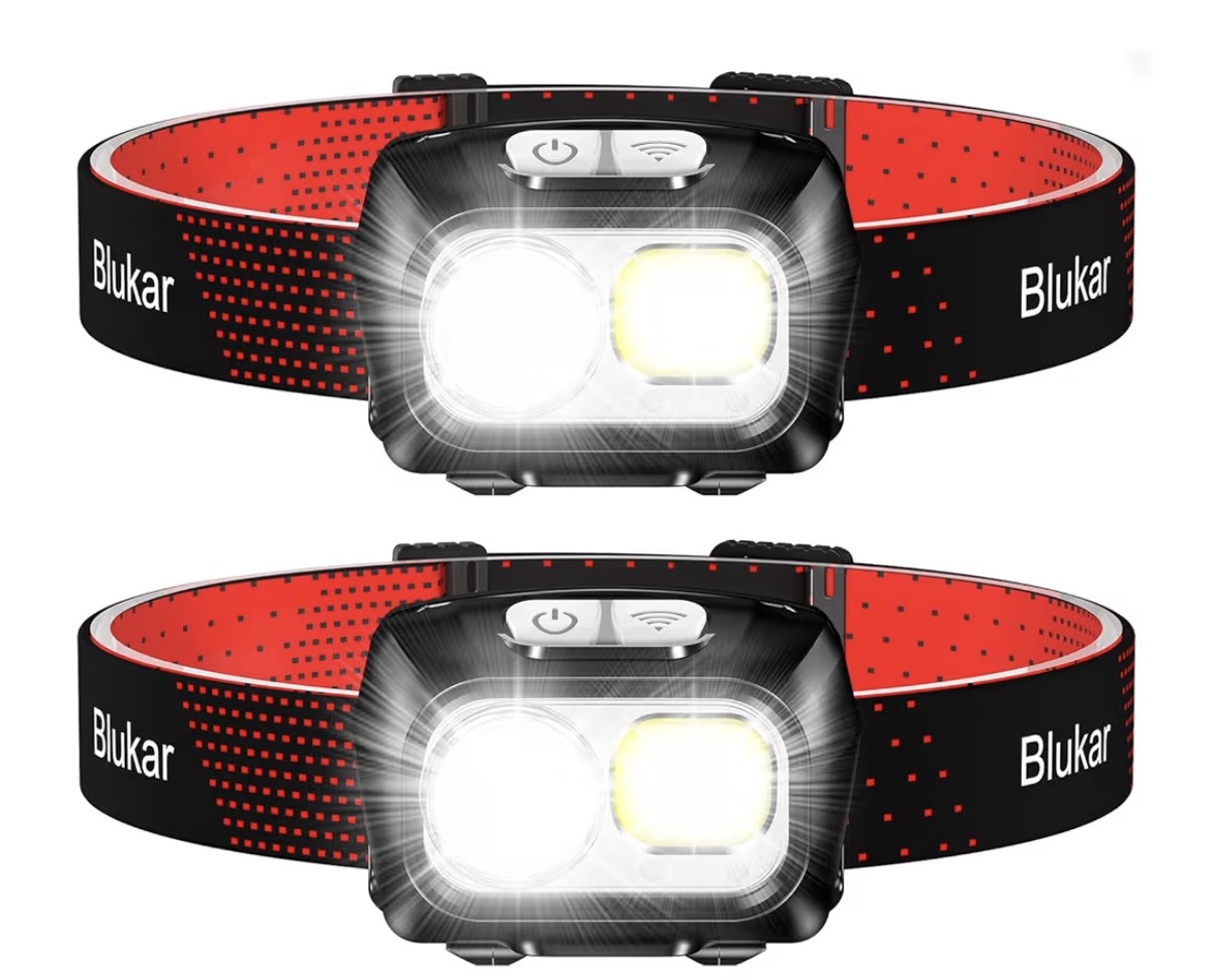 Two Blukar rechargeable LED head torches with red and black headbands