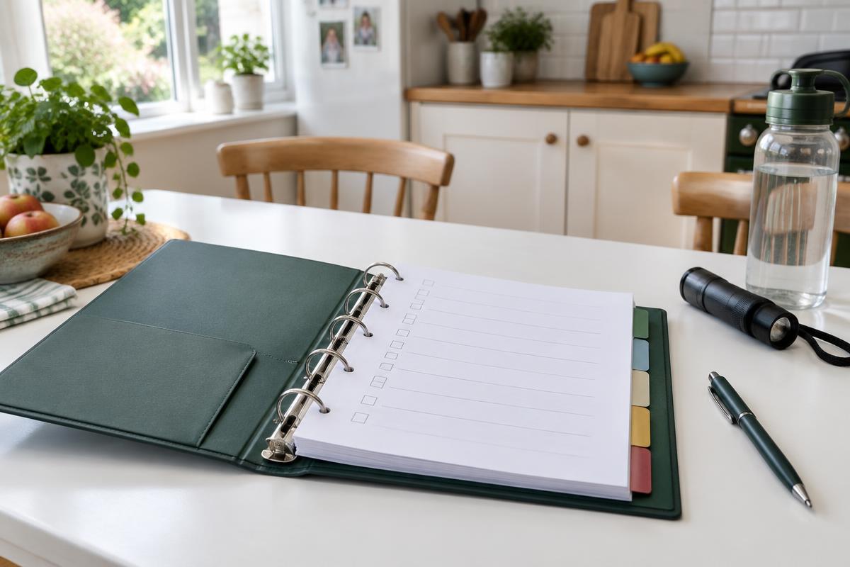 An open green ring binder with checklist pages and divider tabs on a kitchen table beside a pen, torch and water bottle